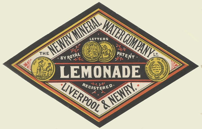 Newry Mineral Water Company Lemonade bottle label from 1907. The company also had a factory in Islington, Liverpool. The label includes their first prize medal won at the Dublin Exhibition of 1882. Newry and Mourne Museum Collection
