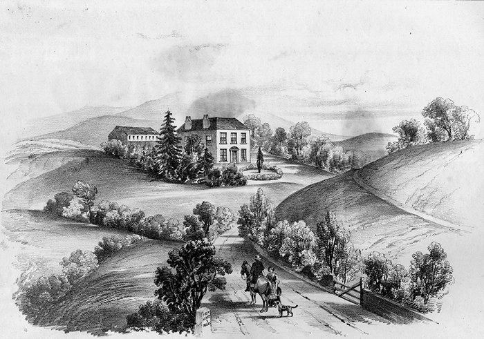 Mid 19th century drawing of a gentleman travelling on horseback from to Newry to Barkston Lodge, in the townland of Carnmeen. Newry and Mourne Museum Collection