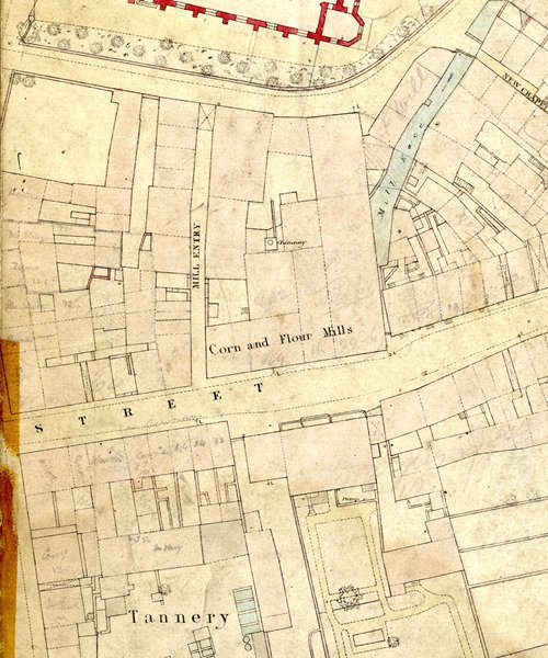 Corn and Flour Mills on Mill Street, Newry, Co. Down. Up to the mid 19th century Newry was an important centre for milling, brewing and distilling with exports to Britain and North America. Ordnance Survey Second Edition, 1859 © Crown Copyright