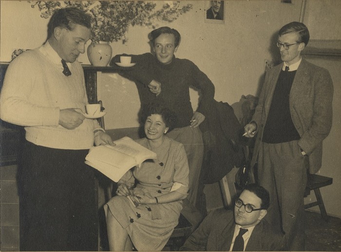 Patrick Carey, Nancie Murphy, Owen Mooney, Tony Wilson and David Hannon in the Newpoint Clubrooms, Canal Street, Newry, in 1955. Newry and Mourne Museum Collection