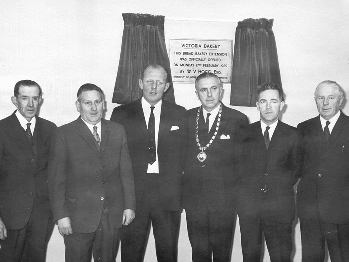 Miles McCann, Managing Director of the Bakery, pictured third from left at the opening of the new extension in February 1969. The extension was opened by M.V. Hogg, President of Newry Chamber of Commerce (pictured third from right). Miles, the second son of Matthew McCann, who had run the Bakery since 1924, took over the family business in 1948. Newry and Mourne Museum Collection