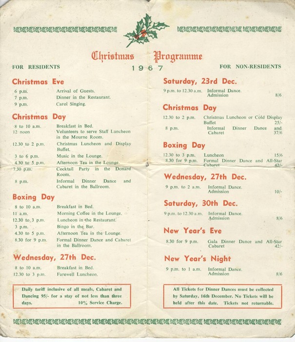 Christmas programme from the Ardmore Hotel in Newry. Green in colour, the leaflet opens out to show the Christmas programme from 1967 for residents and non-residents. Newry and Mourne Museum Collection