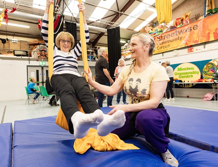 Mary Murphy on the silk trapeze.