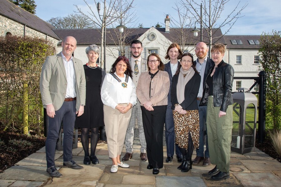 Council Chairperson, Cllr Valerie Harte is photographed with the guest speakers at the Destination Industry Day in Montalto Estate. Included from left: Conor Mallon, NMDDC Director of Economy, Regeneration & Tourism; Grainne Kelliher, Industry leader in sustainability & Regenerative Tourism; Cllr Valerie Harte, Chairperson; Mathew Hynds, Killeavy Castle Estate; Jenny Hanna, Green Holiday Cottages; Julie O’ Brien, RUND hospitality & Tourism Solutions; Alison Leslie, Tourism Northern Ireland; Darren Rice, NMDDC AONB & Geopark Manager and Michelle Boyle, NMDDC Head of Tourism Development and Visitor Experience.