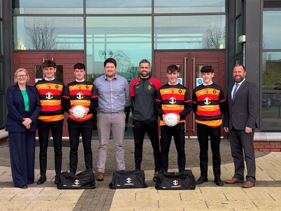 Announcing the sponsorship from Cunningham are from left: Mrs Savage (Principal), Aron Maginess (Student), Corey Loughran (Student) Owen Rice (Past Pupil and Representative of Cunningham), Mr Kevin McKernan, GAA Development Officer, Conall McGeough (Student), Luke Cunningham (Student) and Mr Sean Gallagher, MacRory Team Manager.  