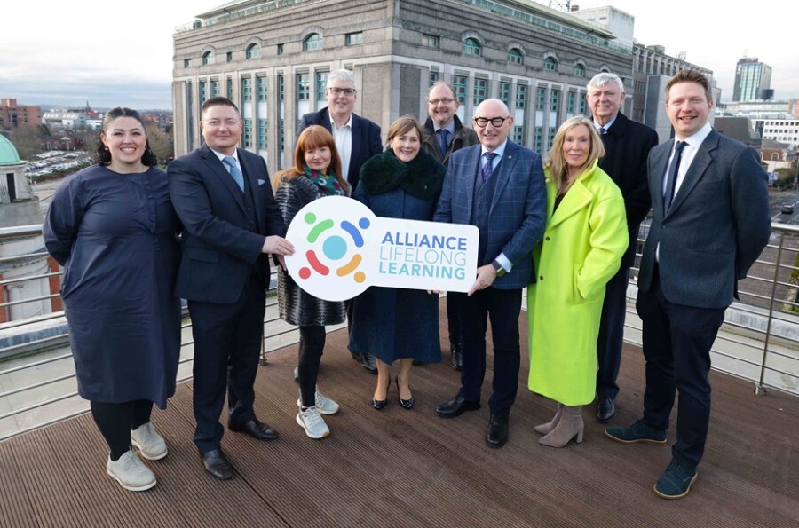 Pictured at the launch of  the Alliance for Lifelong Learning are from left: Dearbháil Lawless AONTAS; Martin Flynn, OCN NI; Valerie McConville, CO3; Ian Getgood, Dept. for Economy; Moria Doherty, Dept. for Economy; Alan Scott, Dept. for Economy; John Darcy, Open University; Anne-Marie McClure, OCN NI; Paul Donaghy, OCN NI and Michael Bower, Open University.