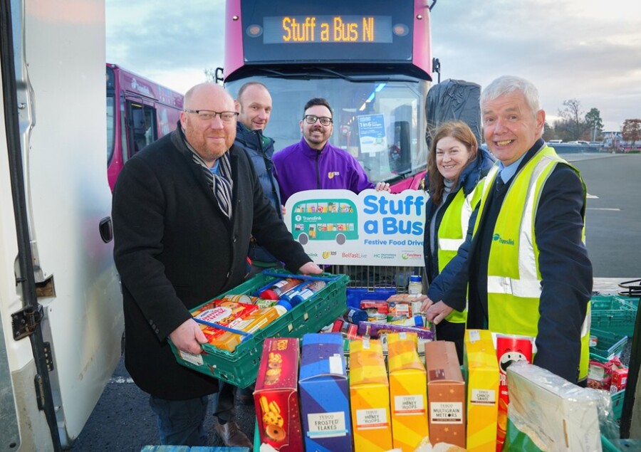 Pictured at the final collection day for the Stuff a Bus campaign are Peter McVerry U105, Declan McKillop Fareshare, Jamie U105 team, Louise Hull Fareshare and Kevin Wallace Translink.