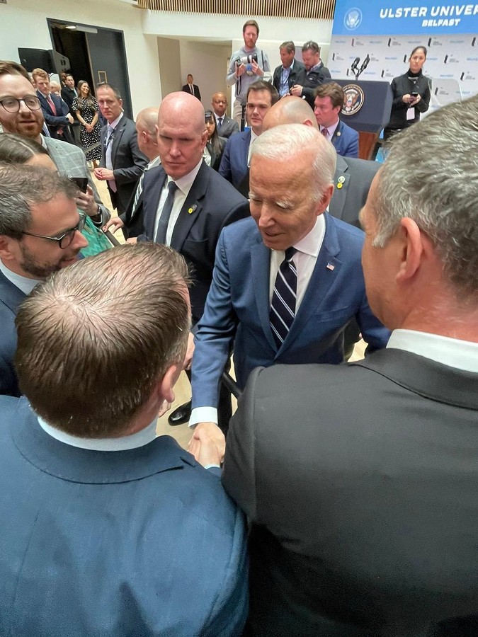President Joe Biden shakes hands with CEO of Newry Chamber, Tony McKeown. 