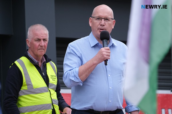 Councillor Michael Savage, Chairperson, Newry, Mourne and Down District Council speaking at the rally. Photograph: Columba O'Hare/ Newry.ie