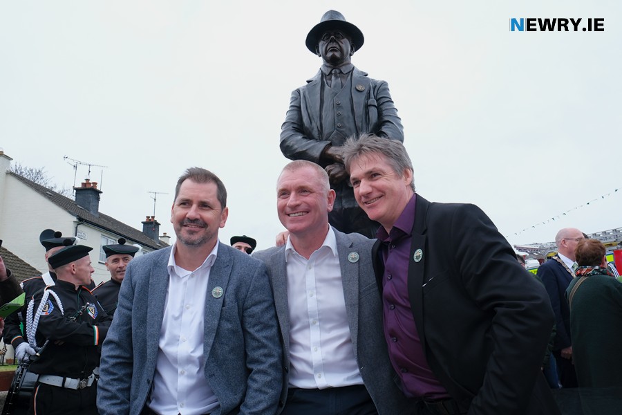 Former Celtic players Jackie McNamara, Tommy Johnston and Joe Millar pictured at the unveiling of the statue to Willie Maley in Newry. Photograph: Columba O'Hare/ Newry.ie