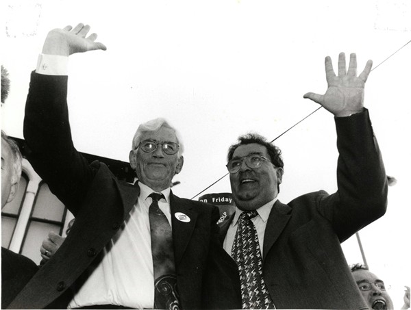 Pictured with John Hume, then leader of the SDLP, at the King’s Hall in Belfast after the result of the referendum on the Good Friday Agreement was announced in May 1998. Newry and Mourne Museum Collection