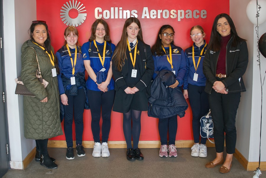 Pictured at Collins Aerospace in Kilkeel’s recent ‘Introduce a Girl to Engineering’ event, are students from Newbridge Integrated College, Loughbrickland with Mr Sean Kelly.