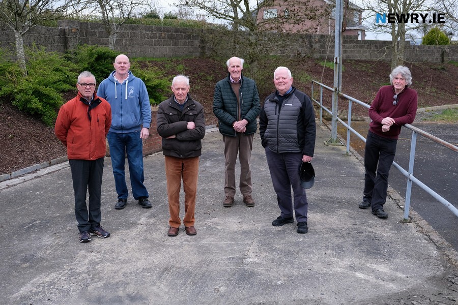 Some of the Committee Members of Lissummon District Men's Shed on the proposed site for the Men's Shed at Lissummon GFC. From left: Brian Murtagh, Eugene Mee, Teddy Matthews, John Nugent, Paddy McCourt and Oliver O'Hare. Photograph: Columba O'Hare/ Newry.ie 