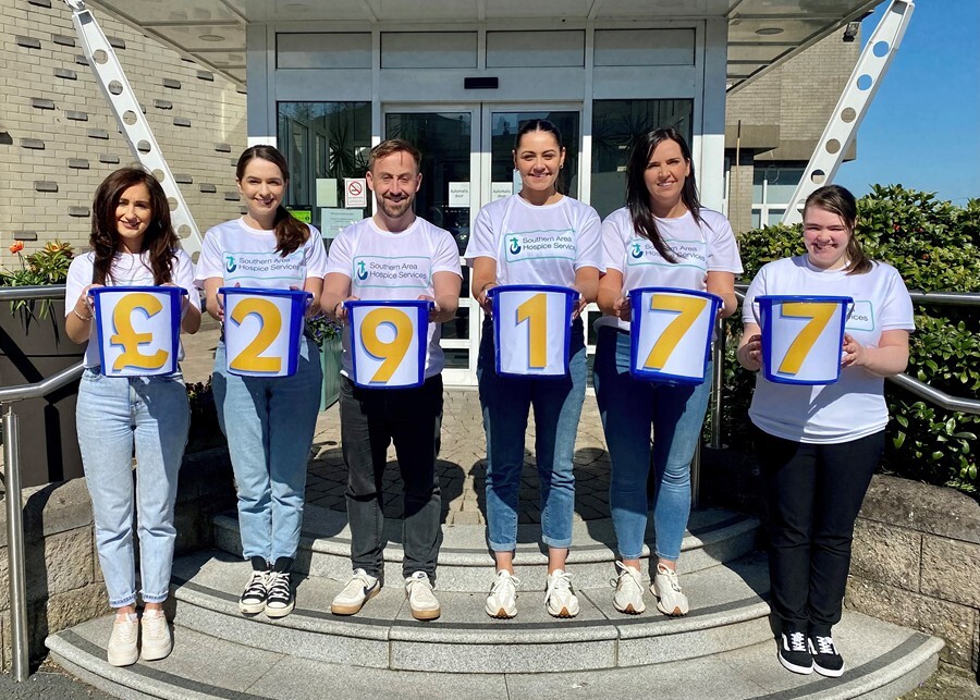 Pictured are members of the Southern Area Hospice Fundraising Team showcasing their final total. L-R Bernie Murphy, Lizzie McCullough, James McCaffrey, Sarah O’Hare, Laura Rowntree and Lauren Trimble. 