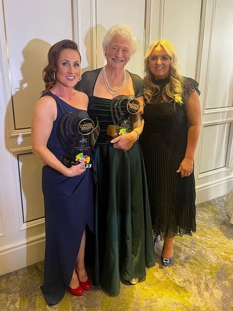 Ms McAteer and Mrs Mullholland-Shields from Our Lady's Grammar School are pictured with their award  along with Dame Mary Peters who also received a Lifetime Achievement Award on the night.