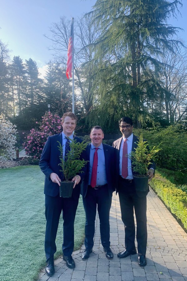 Tony McKeown, CEO, Newry Chamber of Commerce and Trade presents yew trees to Joe Kennedy III, U.S. Special Envoy for Northern Ireland and  Paul Narain, U.S. Consul General.