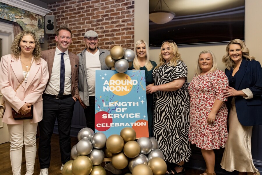Gareth Chambers CEO at Around Noon is pictured with some members of the team who were awarded for their length of service; Monika Drabik Production Manager, Krzystof Roguszka Floor Co-Ordinator, Julie Anne Franks Production Manager, Breda Rice Head of Production, Tracey Rice Production Manager and Mary McMahon Finance Director.