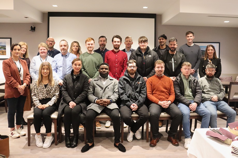 Twelve new FinTech Assured Skills Academy participants on the launch of pre-employment training.  Pictured alongside are representatives from DfE, First Derivatives and SRC.