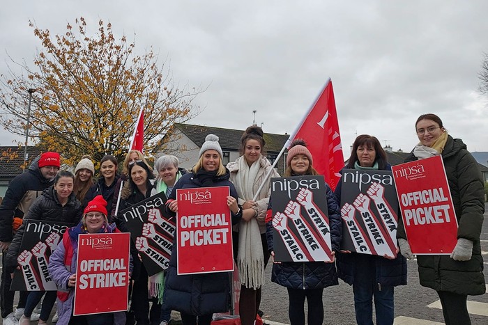 Striking staff at St Ronan's Primary School, Newry on 16 November.