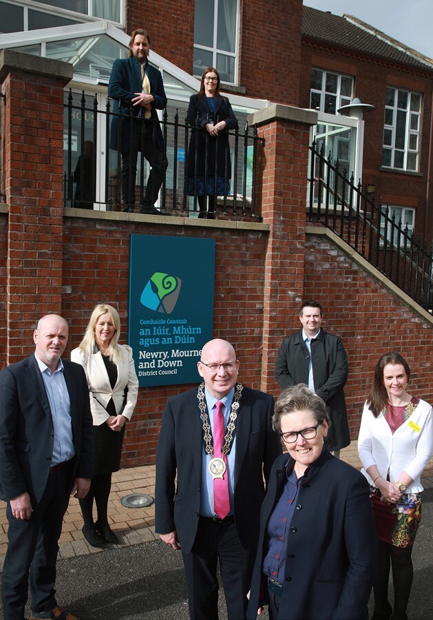 Chair of the Southern Health and Social Care Trust, Eileen Mullan and Chairperson of Newry Mourne and Down District Council, Councillor Michael Savage, marking the Trust’s acquisition of the Monaghan Row Council buildings with Assistant Director of Estates, Mark Bloomer and Assistant Director of Capital and Corporate Planning, Janet McConville, Southern Trust, Director Enterprise, Regeneration and Tourism for the Council, Conor Mallon, Southern Trust Director of Finance, Procurement and Estates, Catherine Teggart, Head of Estates Development, Andrew Cunningham and Senior Planner, Brenda Renaghan.