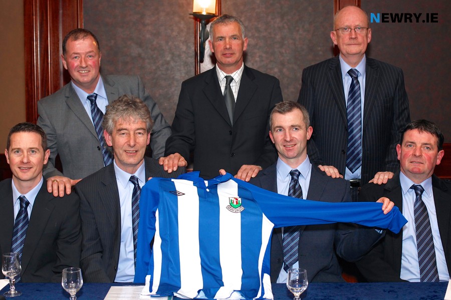 Launching Newry City AFC back in 2013 at a function in the Canal Court Hotel were front from left: Darren Mullen, Manager; Mickey Keenan, Coach; Raymond Byrne, Assistant Manager and Jervis McCaul, Coach. Back: Martin McLaughlin, Chairman; Ollie Ralph, special guest and Kevin Lyons, Secretary. Photograph: Columba O'Hare