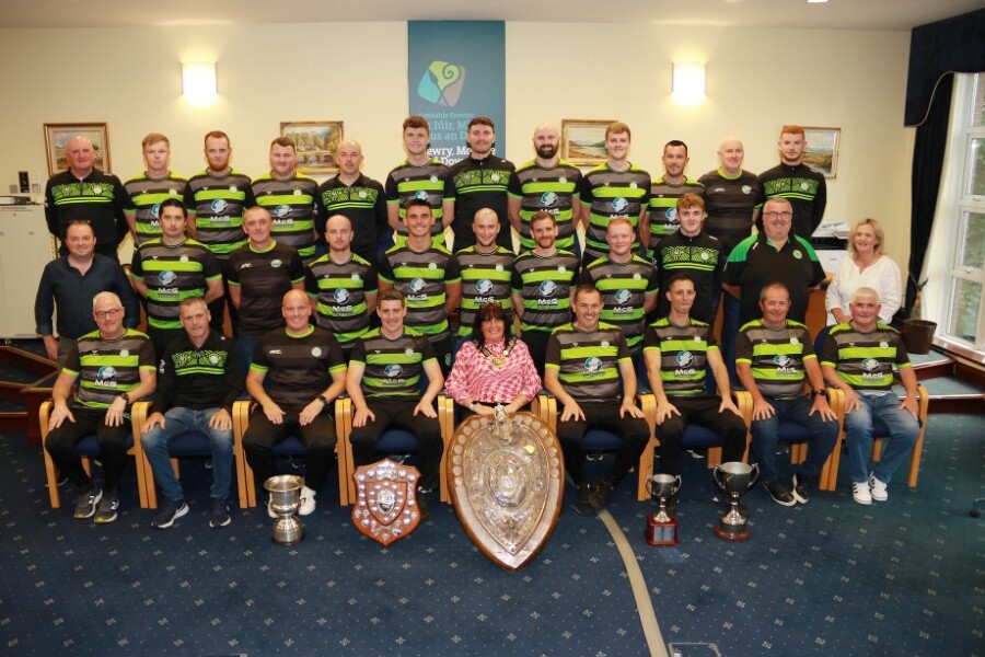Newry, Mourne and Down District Council Chairperson, Cllr Valerie Harte with Cleary Celtic Team and Management at a reception to mark their outstanding football achievements. Included are councillors Aidan Mathers and Geraldine Kearns.