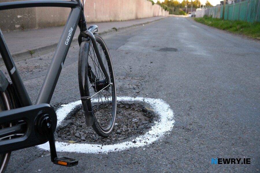 A historic pothole from 2020 on the outskirts of Newry. Photograph: Columba O'Hare/ Newry.ie 