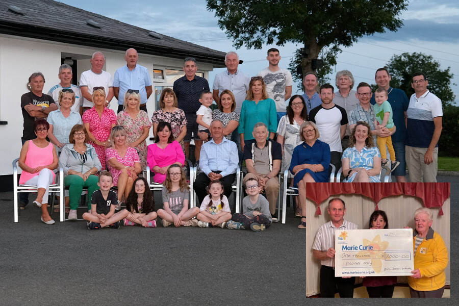 Celebrating the 50th anniversary and inset - Ann and Brian O'Hare are pictured presenting a cheque for £1000 to a representative from Marie Curie.