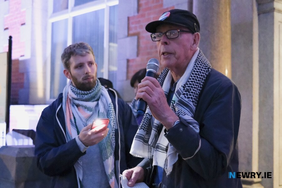 Dermot Kelly, Armagh Ireland Palestine Solidarity branch speaking at the rally. Photograph: Columba O'Hare/ Newry.ie 