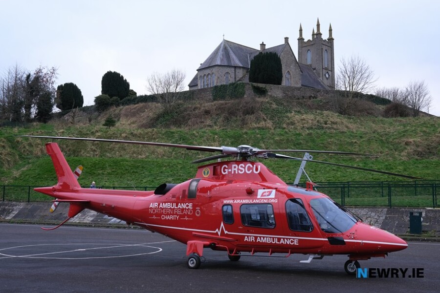 The air ambulance in front of St Patrtick's Church. Photograph: Columba O'Hare/ Newry.ie 