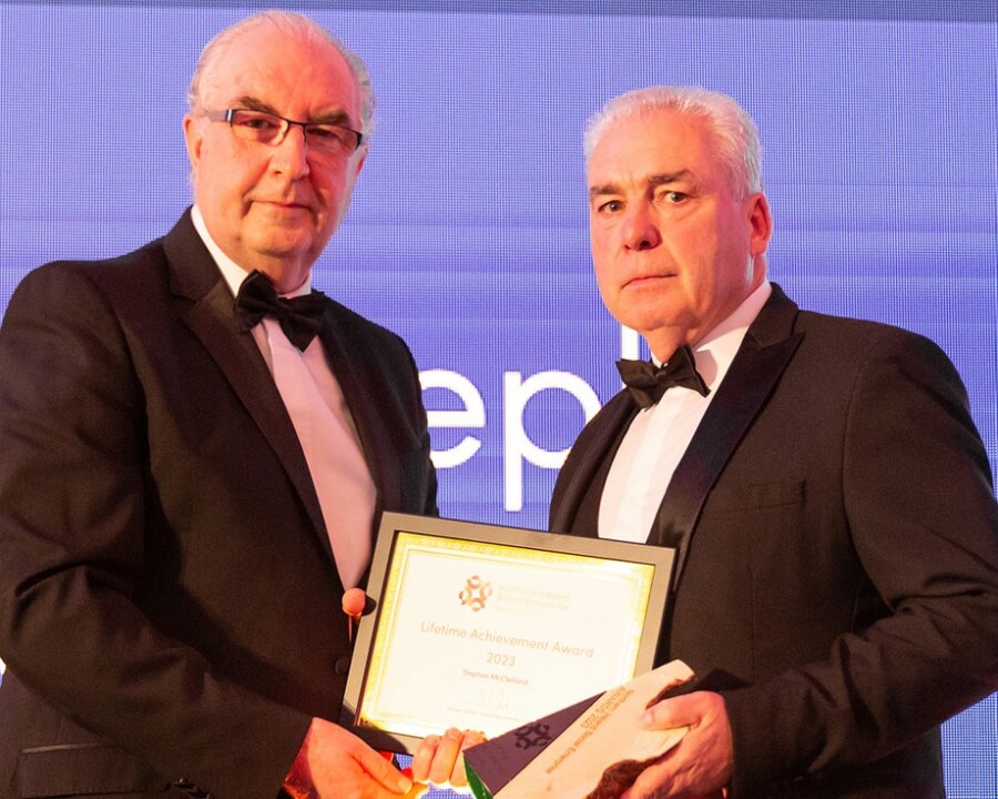Colin Jess, Chief Executive, Social Enterprise NI presents the Lifetime Achievement Award to Stephen McClelland, Newry and Mourne Co-operative and Enterprise Agency. Photograph: Ricky Parker Photography