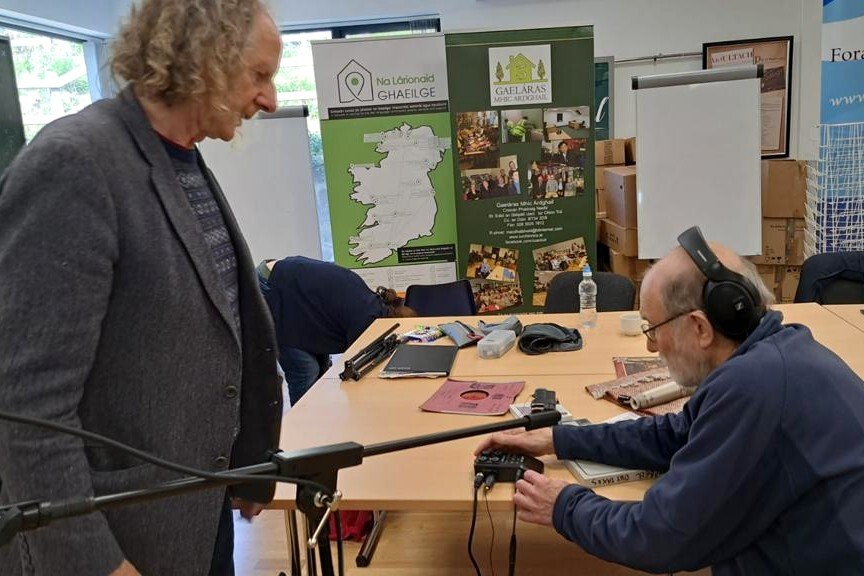 Colm Sands with Mike Leighton, one of the OTMA volunteers, during a field recording workshop.