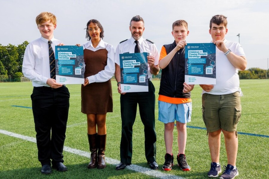 Launching the Children and Young People strategy are from left: Oliver Mercer, Northern Ireland Youth Assembly; Esla Ibrahim, Voice of Young People in Care (VOYPIC); Assistant Chief Constable, Bobby Singleton; Brandan Magee, Voice of Young People in Care (VOYPIC) and Eoin McAlpine, Northern Ireland Youth Assembly.