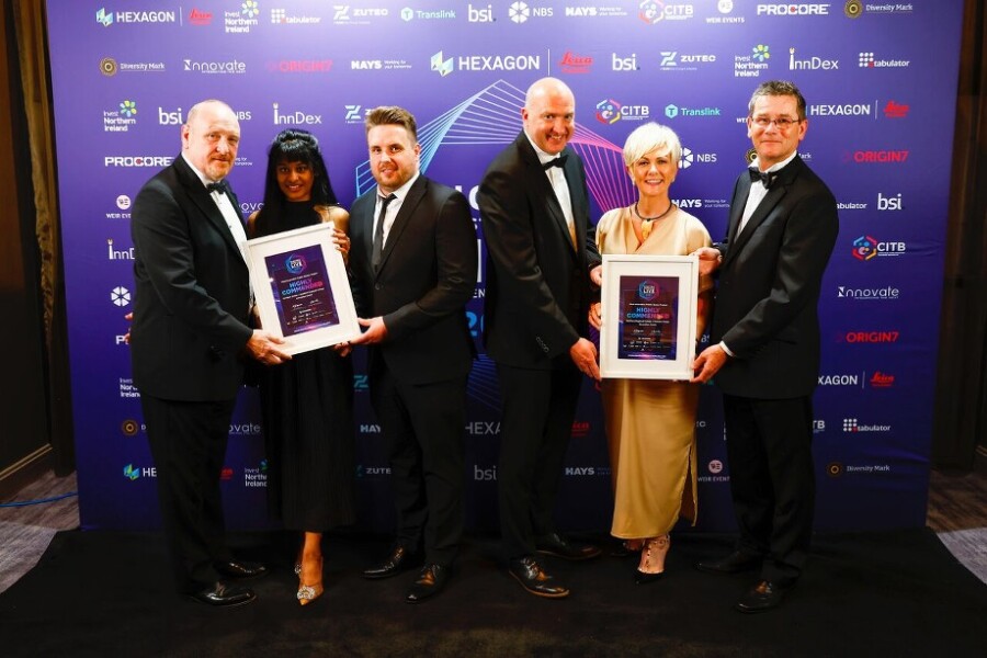 Pictured at the Digital Construction Award ceremony are staff from McAdams Design and Southern Regional College. Included from left:  Martin Hare, Managing Director, McAdam; Marieanne Jerard, Graduate Project Manager, McAdam; Chris Watson, Project Architect, McAdam; Gary Young, Head of Estates, SRC; Sharon O’Hare, Quality and Process Manager, SRC and Peter Monaghan, BIM Change / Manager, SRC.