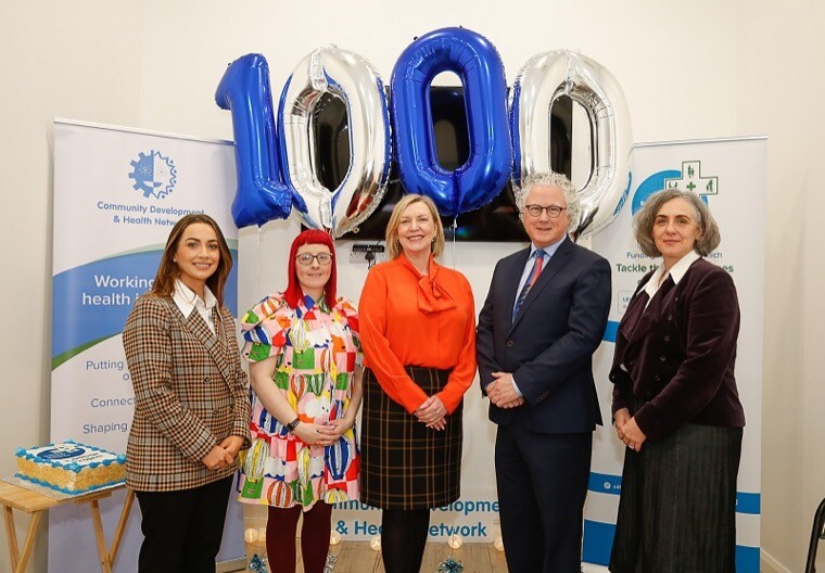 Pictured celebrating the 1000th Building the Community-Pharmacy Partnership are from left:  Gemma McCartan, owner McCartan Pharmacy; Rosemary Deans, Founder of Centred Soul; Cathy Harrison, Chief Pharmaceutical Officer; Sheelin McKeagney, Chair CDHN and Joanne Vance, Director CDHN.