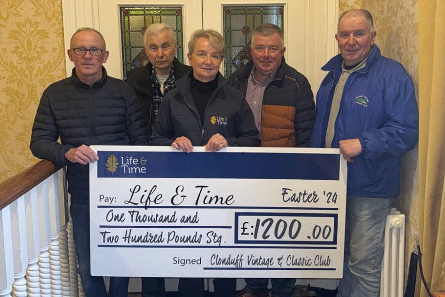 Pictured accepting a donation on behalf of Life & Time, the end-of-life palliative care Charity, is Nurse Manager Connie Connolly, pictured with member of Clonduff Vintage & Classic Club organising committee Donal Fitzpatrick, Dominick McNally, Noel Morgan Paul Kelly and P J Quinn.