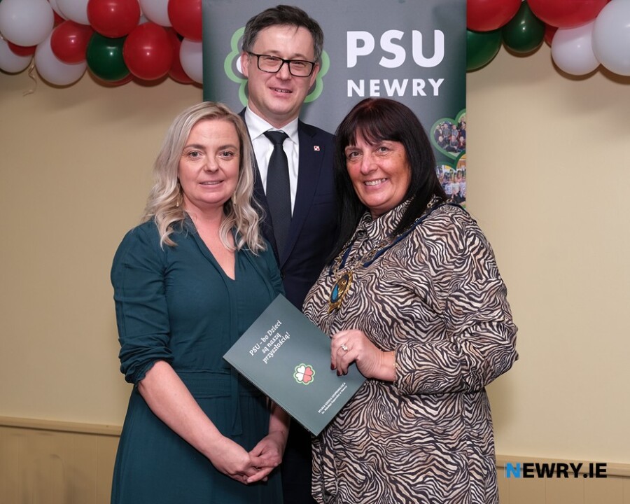 Pictured celebrating the 15th anniversary of the Polish Supplementary School in Newry are from left: Kamila Greszta, teacher; Polish Consul General, Marius Stud and Cllr Valerie Harte, Chairperson, Newry, Mourne and Down District Council. Photograph: Columba O'Hare/ Newry.ie 