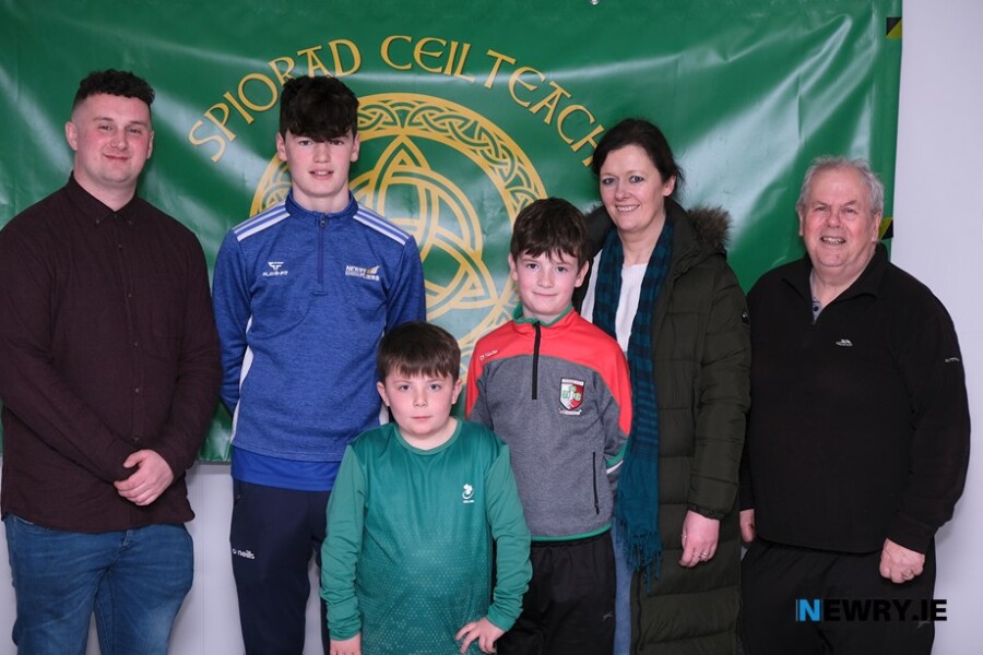 Pictured at the launch of Spiorad Ceilteach are from left: Cú Chulainn, Daithi Murtagh, Rónán Bradley, Seachlann Murtagh, Paula Murtagh and Laurence Bradley. Photograph: Columba O'Hare/ Newry.ie 