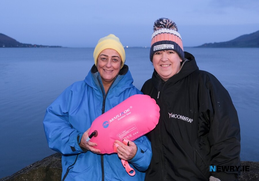 Gillian Fitzpatrick and Caroline Anderson on their last 2024 Dip For PIPS at Warrenpoint. Photograph: Columba O'Hare/ Newry.ie 