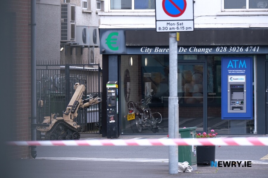The bomb disposal robot in operation at the scene. Photograph: Columba O'Hare/ Newry.ie 