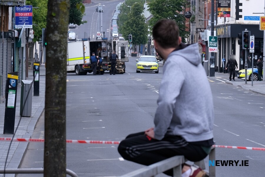 Monaghan Street in Newry is sealed off following the discovery of a suspected pipe bomb. Photograph: Columba O'Hare/ Newry.ie 