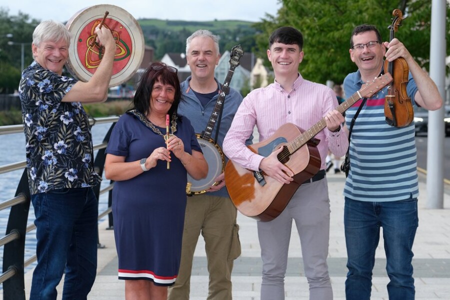 Tuning up for Newry’s music festival (left to right) – Clive Price of Iúr Cinn Fleadh; Newry, Mourne and Down District Council Chairperson Valerie Harte; Arthur Dillon of Iúr Cinn Fleadh; Aaron Bradley of Newry BID and Columba O’Hare of Iúr Cinn Fleadh.