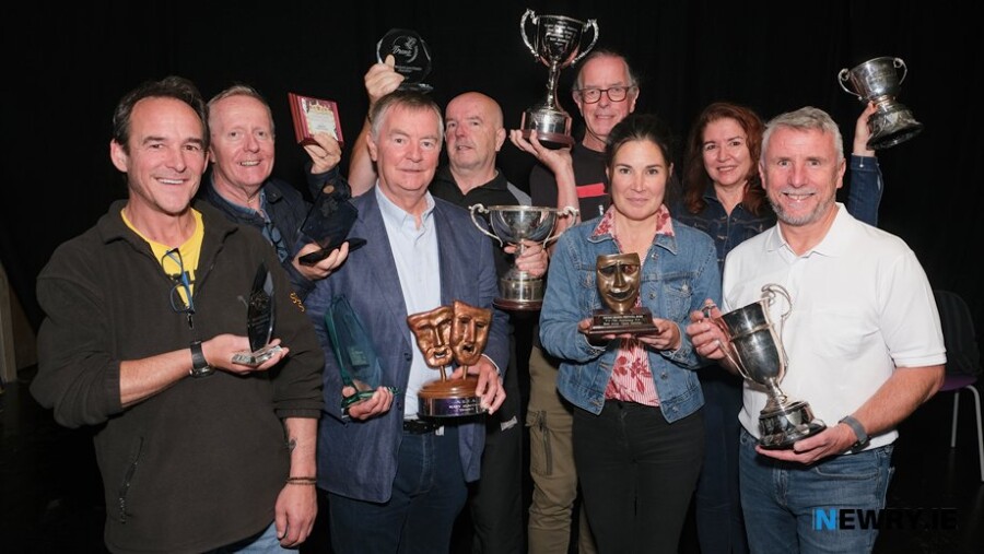 The Newpoint Happy Days crew. Included from left: Anthony Fitzpatrick, Sound and Lighting; Mark Hughes, Sound and Lighting; Sean Treanor, Director; Tom Carville, Logistics and Set Manager; Donal O’Hanlon, Willie; Treasa Davey, Winnie; Pauline Lynch, Assistant Director and Declan McConaghy, Lighting Designer. Photograph: Columba O’Hare/ Newry.ie 