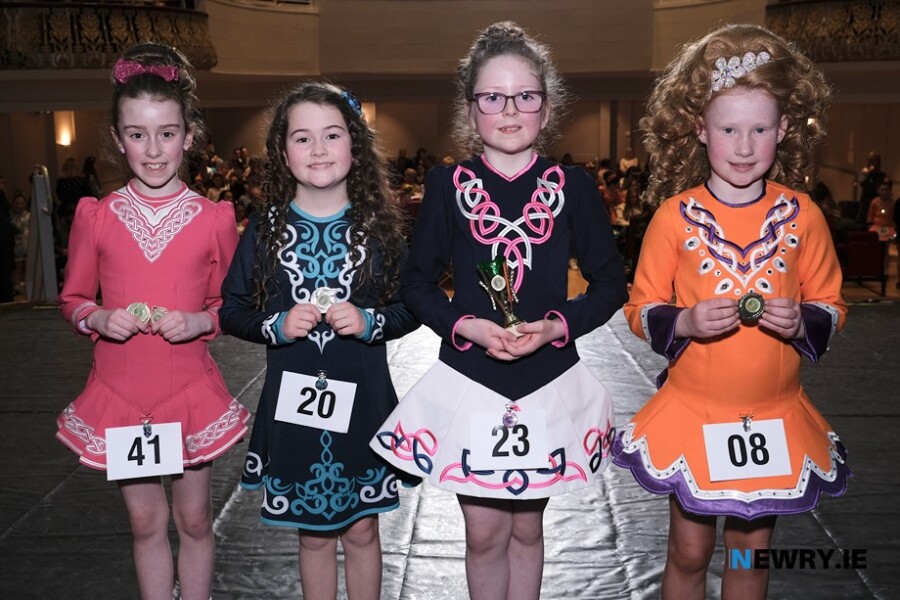 The winners in the Under 10a Reel and Jig section at Newry Musical Feis were from left: Anna Digney, Mollie O'Hare, Lily McCorry, 1st and Emily Duncan. Photograph: Columba O'Hare/ Newry.ie 