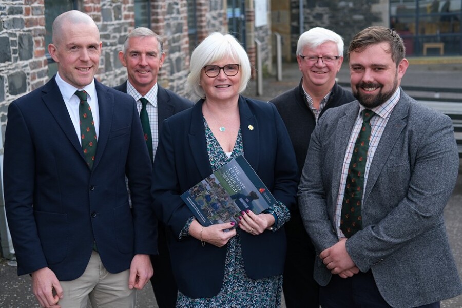 Nuffield Scholarship recipients, front from left: Jonny Hanson, Oonagh Chesney and Gary Spence pictured with Rupert Alers-Hankey, UK Director Designate, Nuffield Farming Scholarships, back left and Keith Willis, Thomas Henry Foundation at the Nuffield Farming 2024 annual conference launch at AFBI Hillsborough. Photograph: Columba O'Hare/ Newry.ie