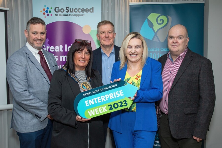 NMDDC Chairperson Cllr Valerie Harte pictured with guest speakers at the launch of Go Succeed. Speakers included John Nealon from South Armagh BIG, Dr Conor Patterson from NMEA, local artist Jacqueline Rooney and Simon Devlin of Full Circle. The Go Succeed launch was held as part of NMD Enterprise Week 2023.