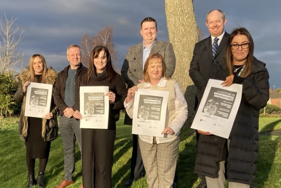 Some of the Southern Trust Sustainability Team who have achieved Silver status in the Arena Network Environmental Survey. Included from left: Ciara Close, Energy Officer; Michael Cassidy, Energy Manager; Emma Thornbury, Sustainability Administrator; Andrew Cunningham, Head of Service; Heather Brooks, Energy Administrator; Peter Douglas, Sustainability Manager and Danielle Burns, Energy Officer. 