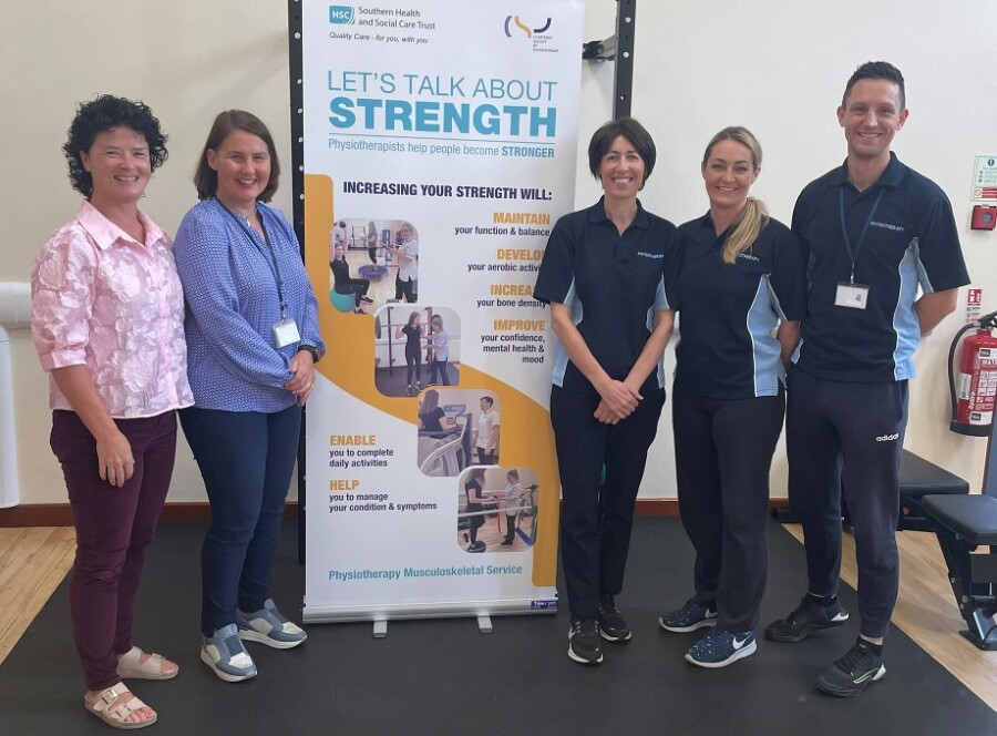 Cathy McKeown, Head of Physiotherapy Services, Roisin Lynch, Physiotherapy Clinical Lead Musculoskeletal Services, Sinead Brackenbury, Physiotherapist, Dominika Wojciechowska and James McCorry, Exercise Professionals for the Southern Trust’s Physiotherapy Musculoskeletal Outpatient Team. 