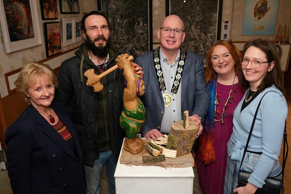 Cllr Michael Savage, centre, Chairperson, Newry, Mourne and Down District Council opening the Newry Arts Festival Art Exhibition in the former Boulevard Restaurant in Newry. Pictured along with the Chair are the artists exhibiting at the venue for the duration of the festival. From left: Cora Harrington, Richard Kelly, Caóilfíonn Murphy O'Hanlon (Cushla of Gullion) and Rozzi Kennedy.