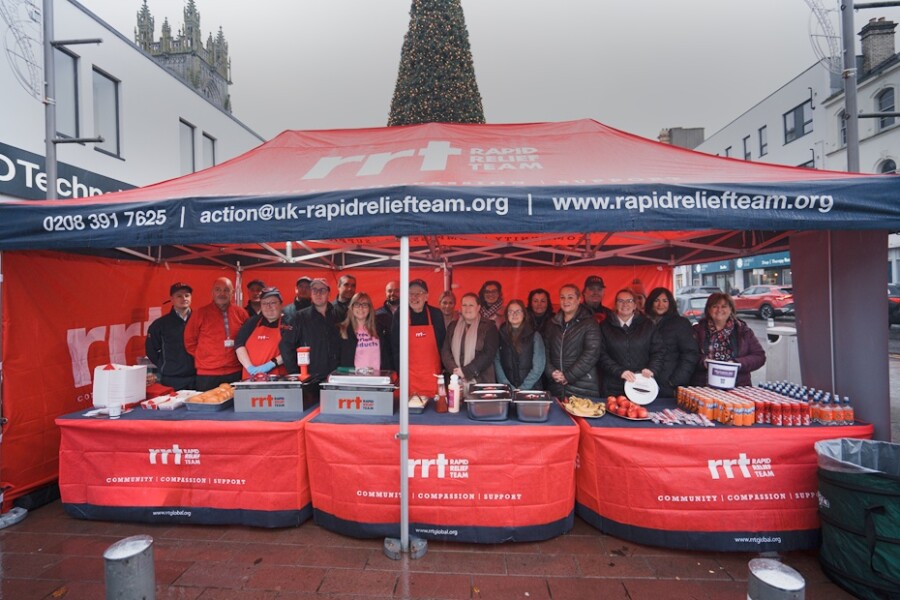 Members of the Rapid Relief Team (RRT) set up in Marcus Square in Newry yesterday.